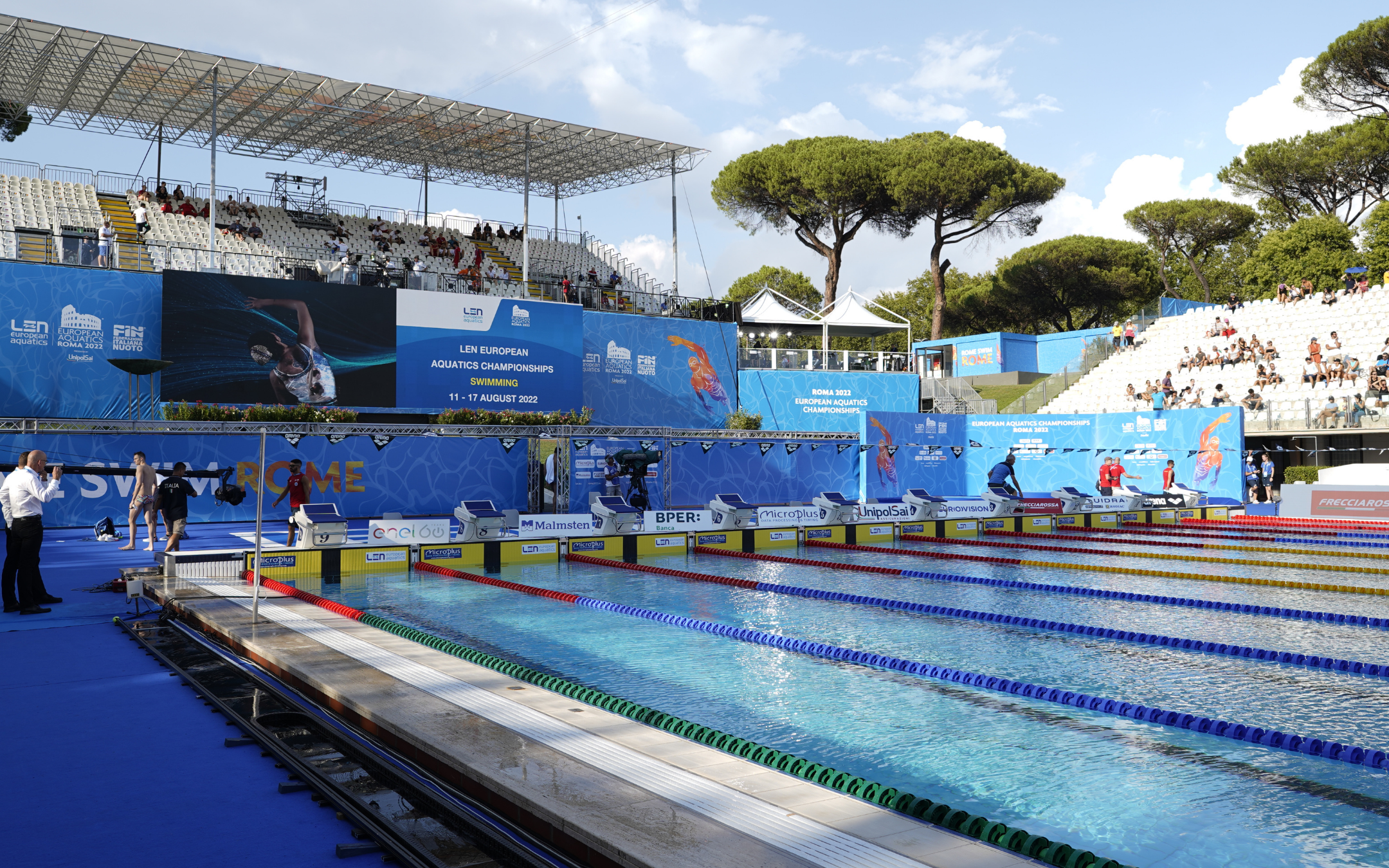 Piscina temporanea per nuoto sincronizzato costruita da Fluidra al Foro Italico su ex campo da tennis Pietrangeli